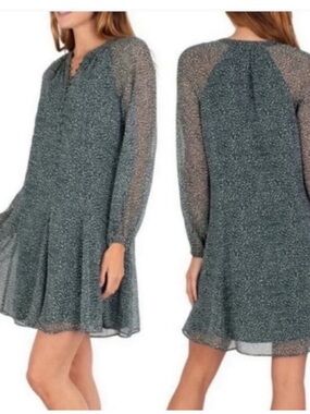 Joie Green Speckled Long-Sleeve Flutter Hem Dress